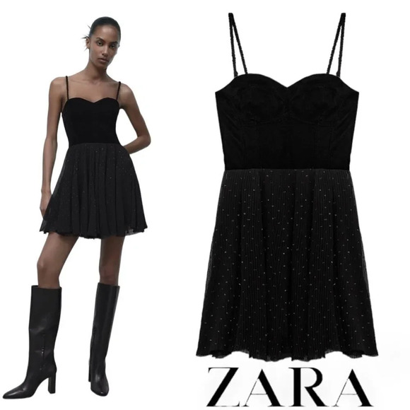 ZARA | Black | VELVET DOTTED MESH DRESS - Picture 1 of 13